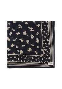 Marine tørklæde med cremefarvet blomstermønster og striber. Let, blød tekstur. Har et lille logo-label i det ene hjørne. Rektangulær form.