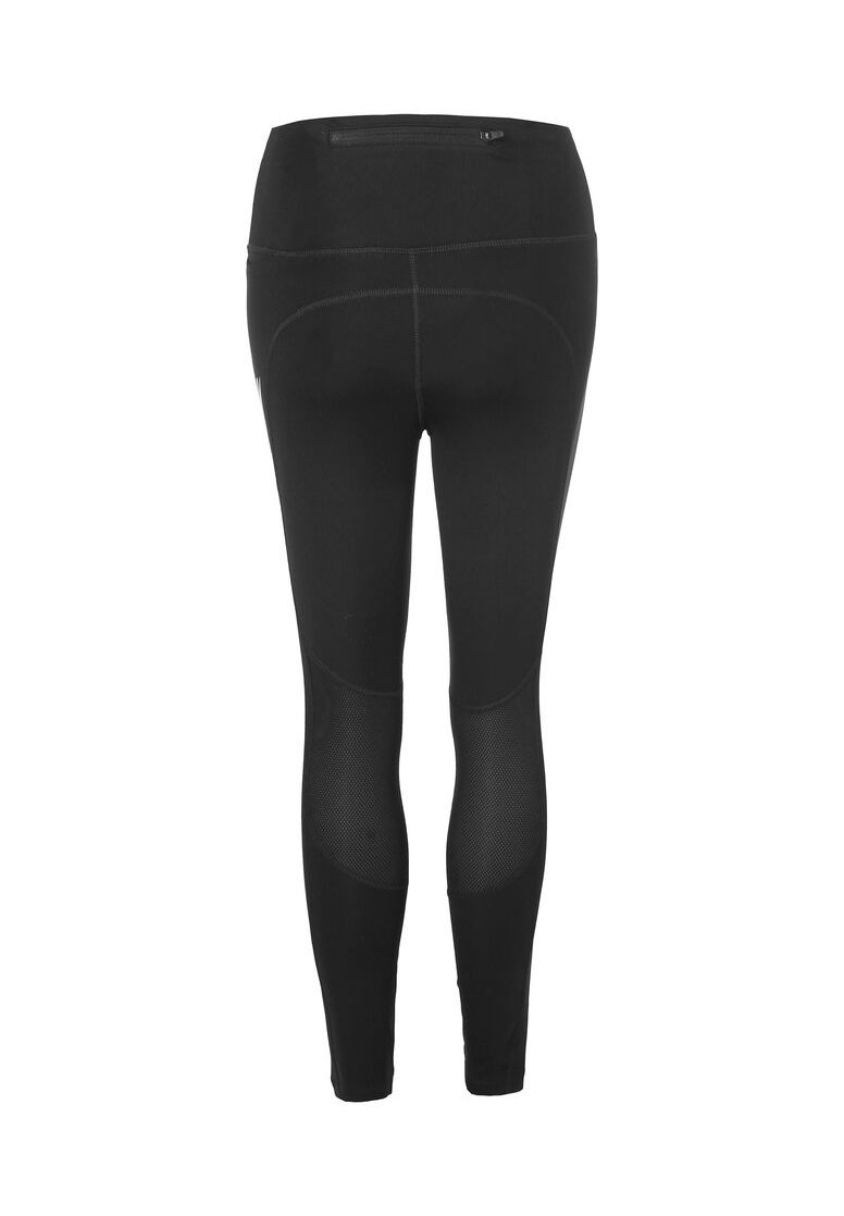 Schwarze sportliche Leggings mit glatter Textur, ausgestattet mit Mesh-Einsätzen an den Unterschenkeln und einer Reißverschlusstasche auf der Rückseite. Enganliegendes Design.
