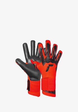 Red and black goalkeeper gloves with padded palms and adjustable wrist straps, designed for sports use.