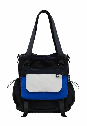 Borsa a spalla nera e blu con due tasche frontali con zip, manici superiori, cordoncini laterali e un piccolo pouch bianco e nero attaccato.
