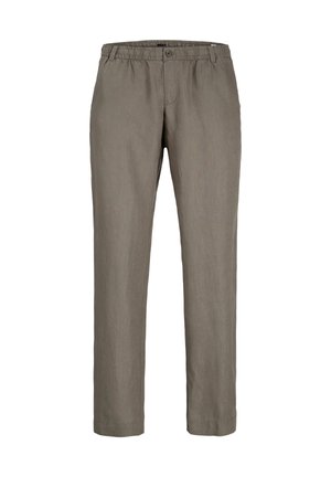 Lightweight, gray linen trousers with an elastic waistband and button closure. Straight-leg design with a smooth texture and minimal detailing.
