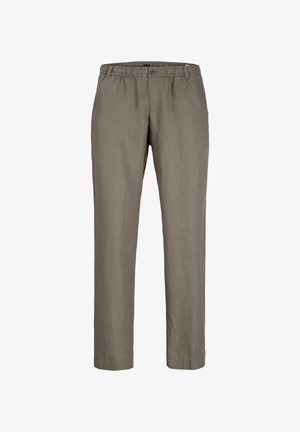 Pantalon léger en lin gris avec taille élastique et fermeture par bouton. Coupe droite avec une texture lisse et des détails minimalistes.