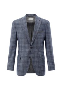 Blue-gray plaid men's blazer with notch lapels, two front buttons, flap pockets, and patterned dark lining.