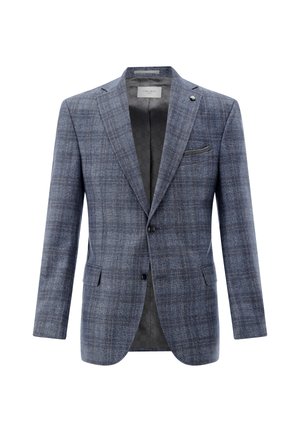 Blue-gray plaid men's blazer with notch lapels, two front buttons, flap pockets, and patterned dark lining.