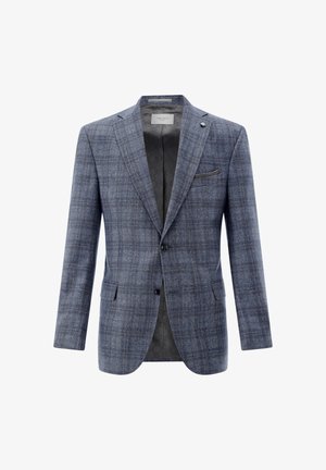 Blue-gray plaid men's blazer with notch lapels, two front buttons, flap pockets, and patterned dark lining.