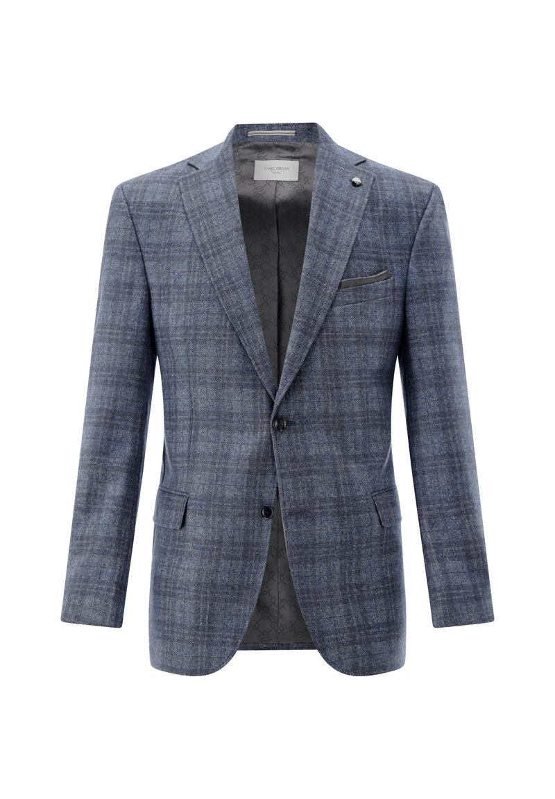 Blue-gray plaid men's blazer with notch lapels, two front buttons, flap pockets, and patterned dark lining.