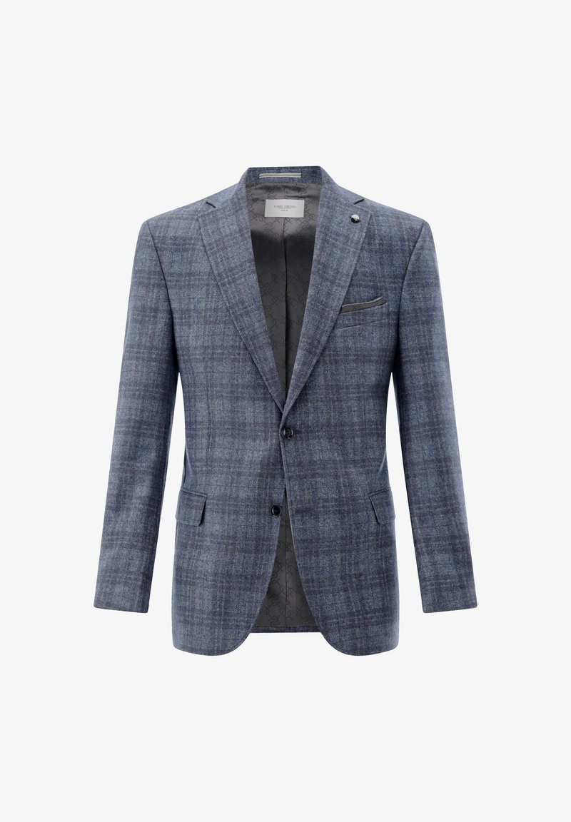 Blue-gray plaid men's blazer with notch lapels, two front buttons, flap pockets, and patterned dark lining.