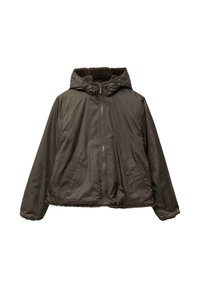 Veste isolante marron avec capuche, fermeture éclair à l'avant, poches latérales et doublure douce en fourrure autour du col et de l'ourlet.