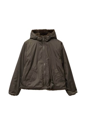 Giacca isolante marrone con cappuccio, chiusura con zip, tasche laterali e una morbida pelliccia sintetica intorno al colletto e all'orlo inferiore.