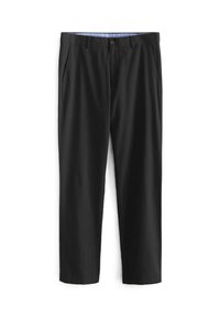Pantalon noir en tissu léger, doté d'un devant plat, de poches latérales et d'une coupe droite. Fermeture par bouton et fermeture éclair.