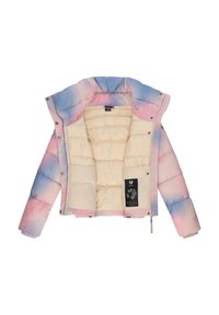 Veste d'hiver matelassée ouverte en pastel rose, bleu et crème, avec capuche, montrant une doublure intérieure matelassée et une étiquette noire à l'intérieur.