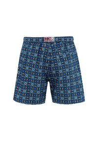Costumi da bagno da uomo con motivo geometrico floreale blu e marrone, vita elastica e tasca sul retro con patta e bottone.