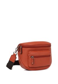 Borsa a tracolla in pelle di colore arancio bruciato, forma ovale, con due tasche con zip e una tracolla removibile con dettagli in metallo.