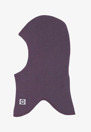 Braga polar tejida de color morado con un diseño ajustado, con bordes curvados y una etiqueta en la esquina inferior derecha. Tela suave y texturizada.