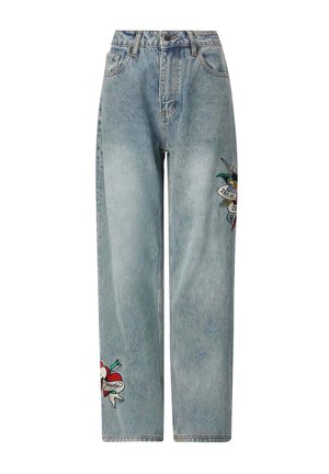 Light blue denim jeans with a high waist, loose fit, and embroidered red heart and swallow designs on the front legs.