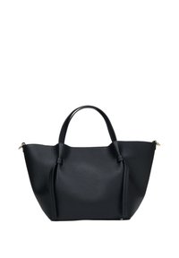 Czarna skórzana torba na ramię o teksturowej powierzchni, szerokim otwarciu, podwójnych uchwytach i subtelnych złotych elementach wykończenia.