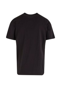 Zwarte katoenen T-shirt, korte mouwen, ronde hals ontwerp. Glad textuur zonder zichtbare patronen of accenten. Achteraanzicht weergegeven.