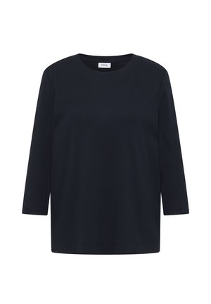 Czarna bluzka z długim rękawem wykonana z miękkiego, gładkiego materiału. Posiada okrągły dekolt i prosty krój bez widocznych wzorów czy akcentów.