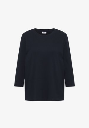 Schwarz langärmliges Oberteil aus weichem, glattem Stoff. Verfügt über einen Rundhalsausschnitt und ein gerades Design ohne sichtbare Muster oder Akzente.