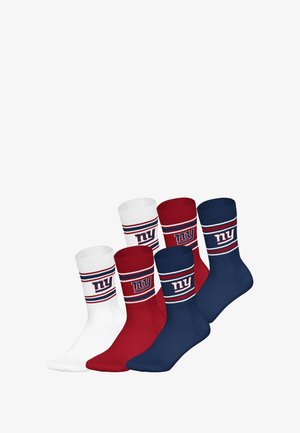 Ponožky z bavlněné směsi v bílé, červené a námořnické modři, s žebrovaným lemem s červenými a bílými pruhy a logem „NY“ uprostřed.