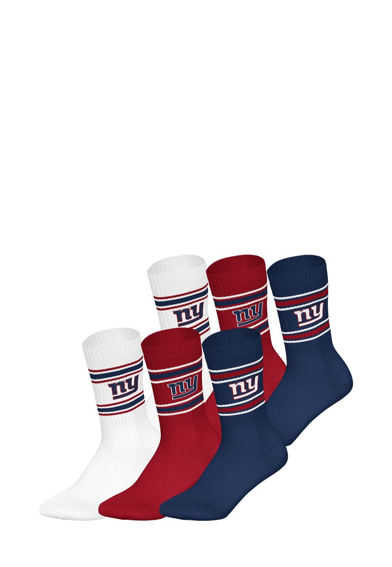 Skarpety z mieszanki bawełny w kolorach białym, czerwonym i granatowym, z prążkowanym mankietem ozdobionym czerwono-białymi paskami oraz logo „NY” na środku.