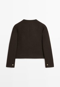 Brown wool-blend cropped jacket with long sleeves, rounded neckline, and gold button accents on cuffs. Smooth texture and clean lines.