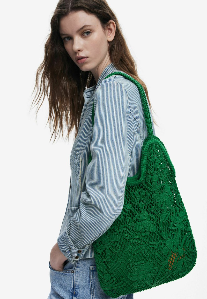 Desigual Borsa A Mano In Tessuto - Verde, Design Con Toppe, Chiusura A Zip - Foto 5