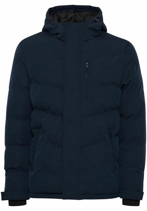Navy blue puffer jacket with a high collar, zippered chest pocket, side pockets, and elasticized cuffs. Features a hood and quilted pattern.