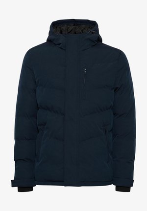 Navy blue puffer jacket with a high collar, zippered chest pocket, side pockets, and elasticized cuffs. Features a hood and quilted pattern.