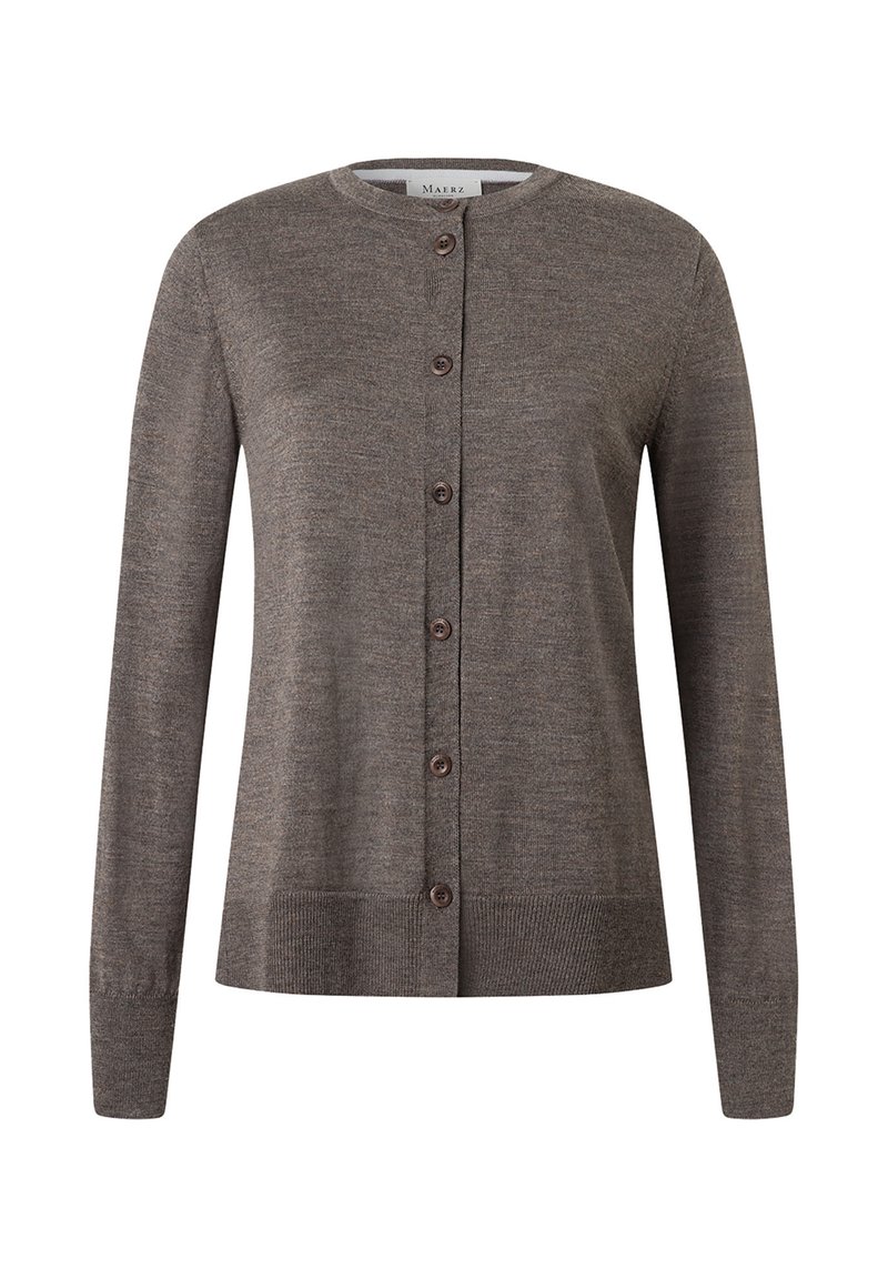 Cardigan in maglia marrone con scollo rotondo e maniche lunghe. Presenta una chiusura con bottoni e polsini e orlo a coste. Texture liscia.