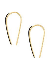 Zelta tonis metāla auskari ar gludu, pagarinātu dizainu, ar izliekumu un melnu akcentu uz vienas malas.