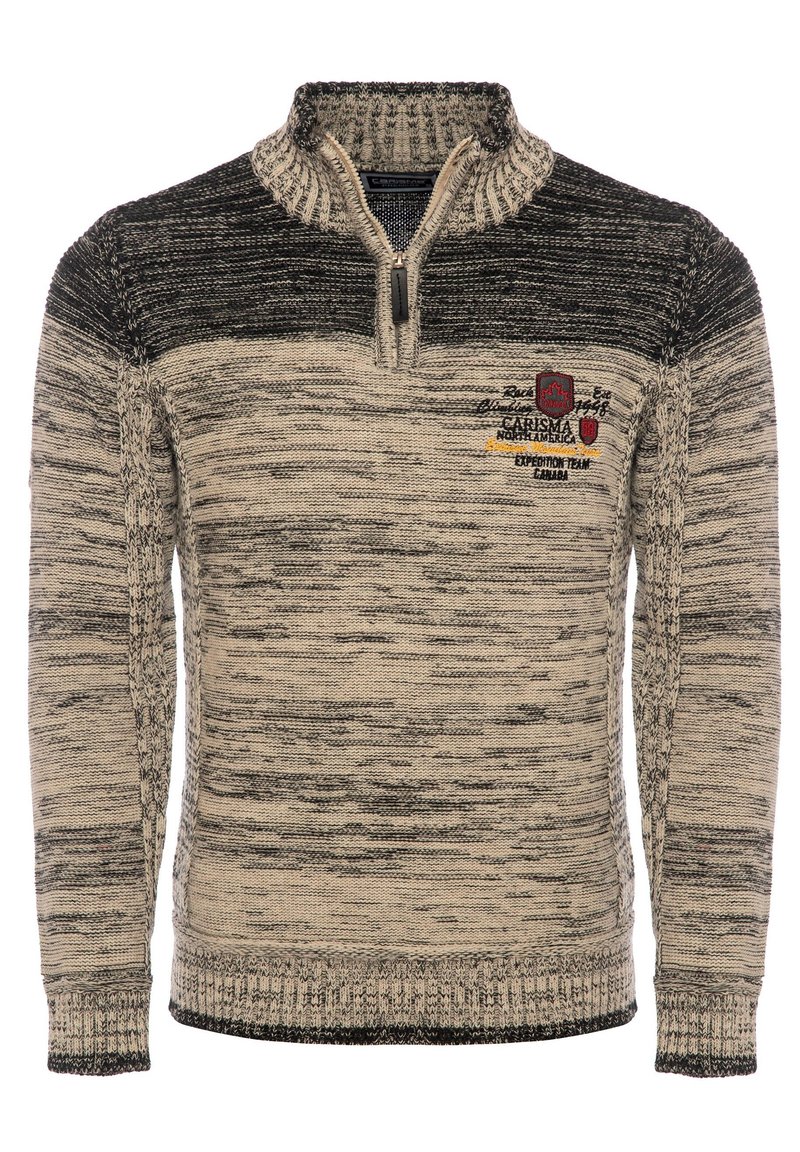 Strickpullover mit einem Halb-Reißverschluss-Kragen, der ein strukturiertes Muster in Schwarz und Beige zeigt. Gesticktes Logo und Akzente in Gelb und Rot.