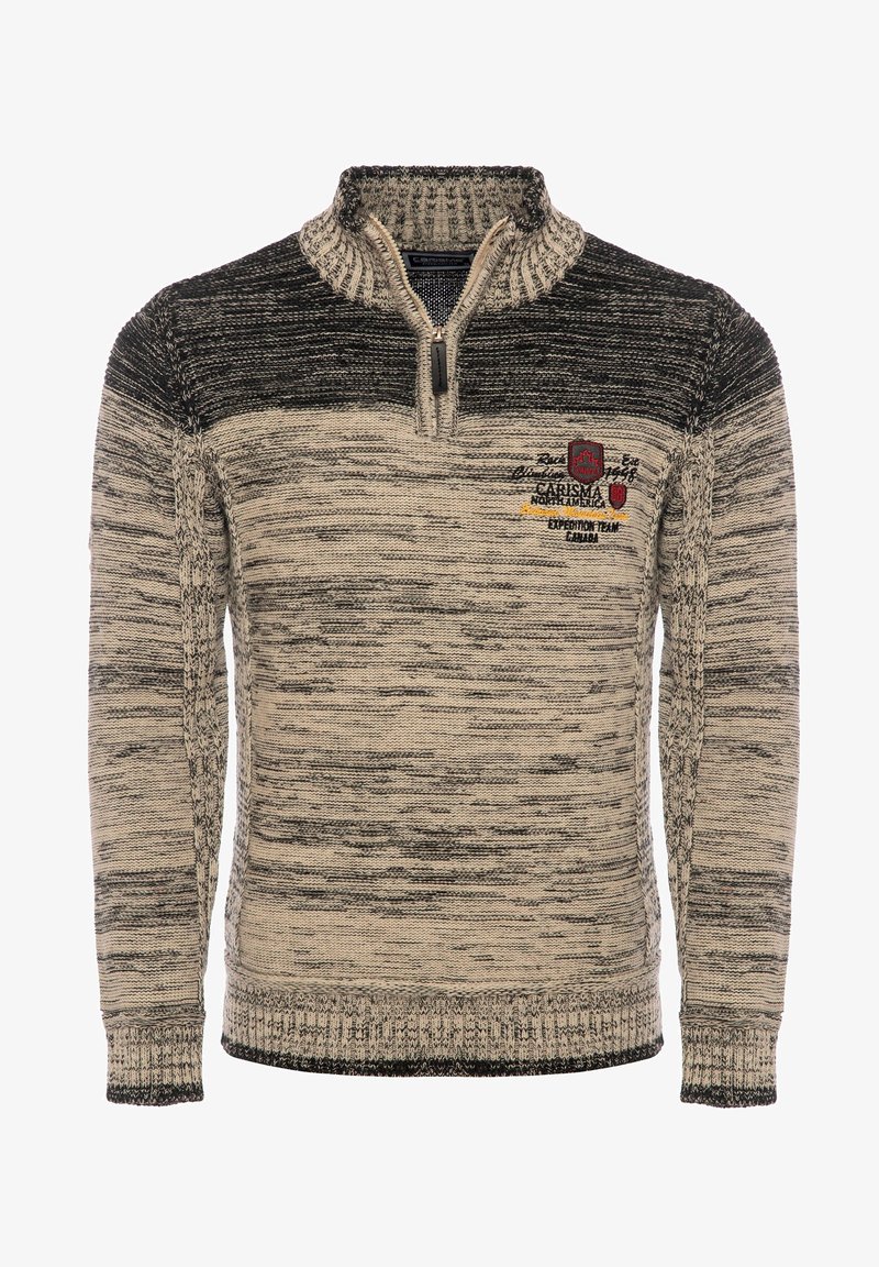 Strickpullover mit einem Halb-Reißverschluss-Kragen, der ein strukturiertes Muster in Schwarz und Beige zeigt. Gesticktes Logo und Akzente in Gelb und Rot.