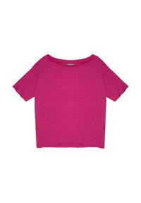 Krótki rękaw, luźna, skrócona bluzka w jaskrawym różu, wykonana z miękkiego materiału, z szerokim dekoltem i prostym dołem. Bez wzorów ani zdobień.
