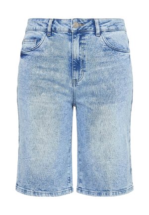 Shorts in denim azzurro chiaro con vita alta, bottoni e zip frontali, passanti per cintura e cinque tasche.