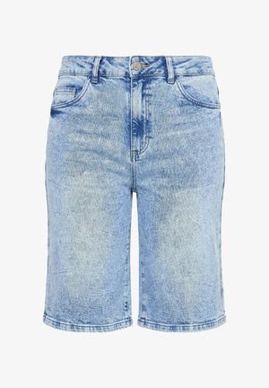 Pantalones cortos de mezclilla azul claro con cintura alta, botón y cremallera delanteros, trabillas para cinturón y diseño de cinco bolsillos.