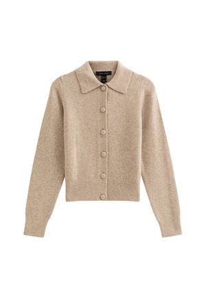 Cárdigan beige hecho de material suave, con cuello con solapa, cierre frontal con botones, puños acanalados y diseño con dobladillo recortado.