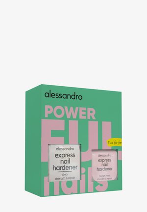 Zielono-różowe opakowanie Alessandro Power Full Nails z dwoma butelkami ekspresowego utwardzacza do paznokci, przezroczystym i French rosé, z formułami wzmacniającymi i naprawczymi.