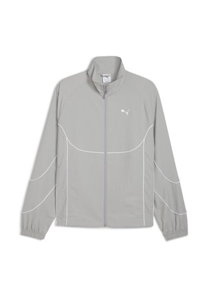 Lichtgrijze windbreaker jas met een rits aan de voorkant, witte stiksels, hoge kraag, elastische manchetten en een klein logo op de borst.