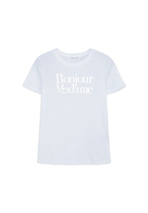 T-shirt bianco in cotone con maniche corte, caratterizzato dal testo "Bonjour Madame" stampato in argento lucido sul petto.