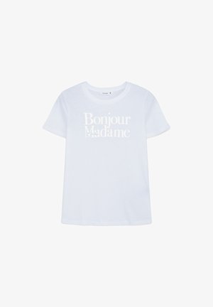 T-shirt bianco in cotone con maniche corte, caratterizzato dal testo "Bonjour Madame" stampato in argento lucido sul petto.