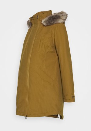 Manteau d’hiver marron avec fermeture éclair sur le devant, poches à rabat et capuche doublée de fourrure, présenté sur fond blanc.