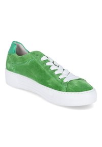 Green suede sneaker with white rubber sole, featuring white laces, rounded toe, and a smooth green leather heel detail.