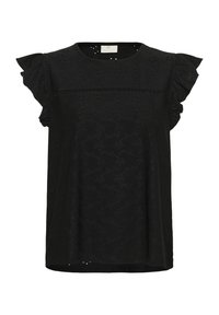 Top nero con maniche corte a volant, realizzato in tessuto a occhio di pernice, con scollatura rotonda e delicate fantasie floreali su tutta la superficie.