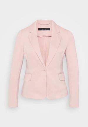 Lichtroze blazer met notch-lapels, enkele knoopsluiting en twee voorzakken. Gladde stof en een getailleerde pasvorm.