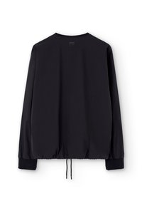 Giacca bomber nera con scollo rotondo, polsini elasticizzati e orlo con coulisse. Tessuto liscio senza motivi o dettagli visibili.