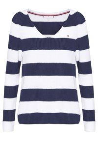 Pull en tricot à manches longues avec rayures horizontales bleu marine et blanches, col en V, et petit logo brodé sur la poitrine.