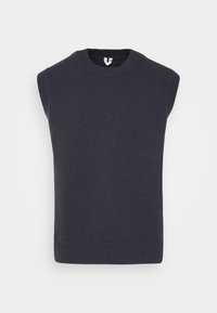 Laivastonsininen hihaton villapaita resorikudoksella, pyöreällä kaula-aukkolla ja suoralla helmalla. Sileä rakenne ilman kuvioita tai koristeita.