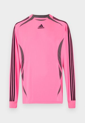 Long-sleeve athletic jersey in bright pink fabric with gray accents, featuring black three-stripe detailing along the sleeves and shoulder.