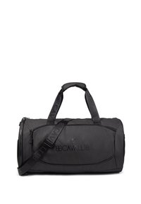 Borsa da viaggio nera realizzata in materiale resistente, dotata di due manici e di una tracolla regolabile, logo incassato e scomparti con zip.